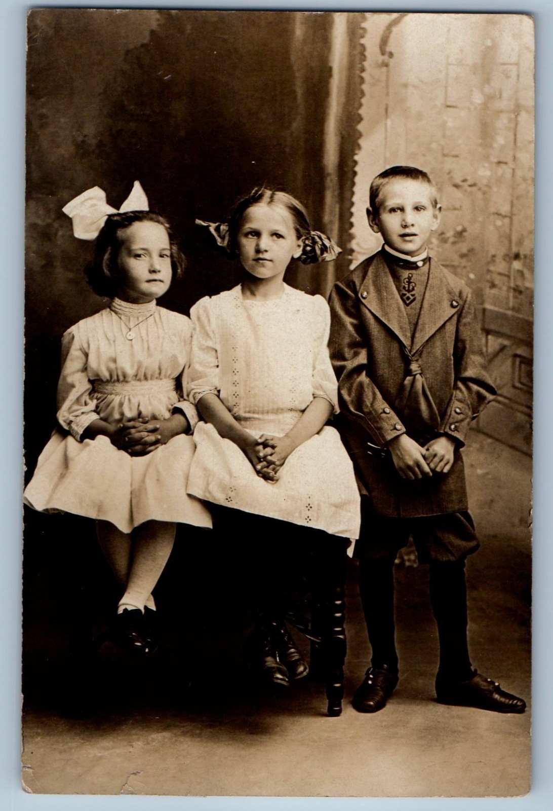 c1910's Three Children Studio RPPC Photo Unposted Antique Postcard c1910's Three Children Studio RPPC Photo Unposted Antique Postcard