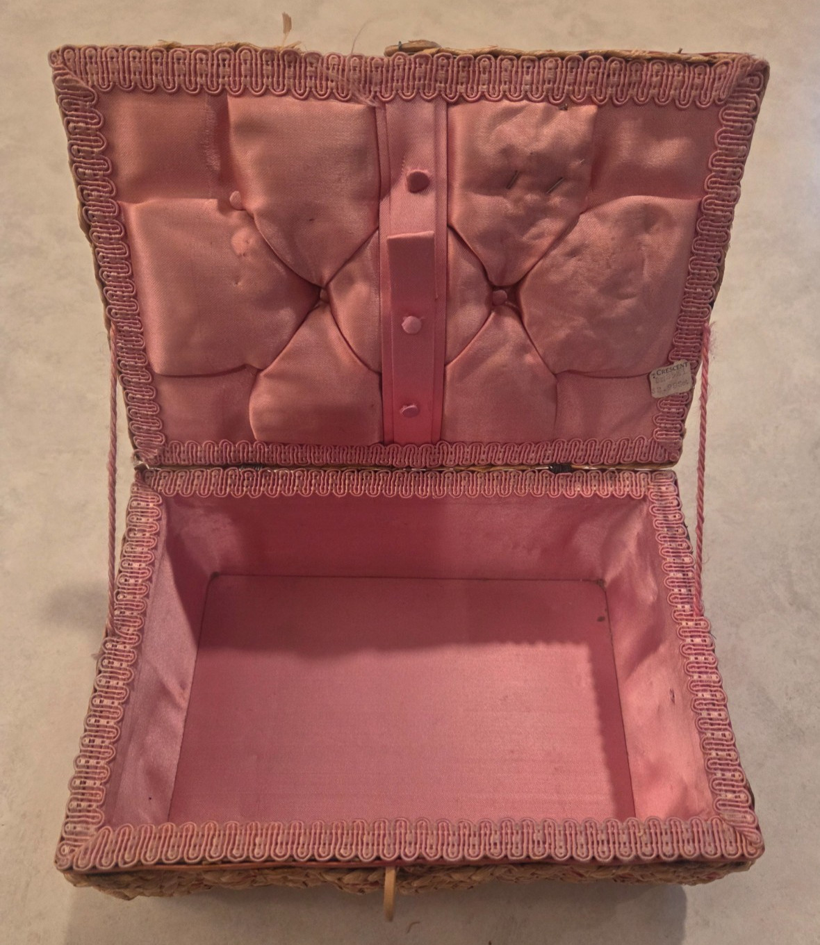 Vintage 50's Wicker Woven Sewing Box Basket Pink Satin Interior Ratan Japan 9" Vintage 50's Wicker Woven Sewing Box Basket Pink Satin Interior Ratan Japan 9"