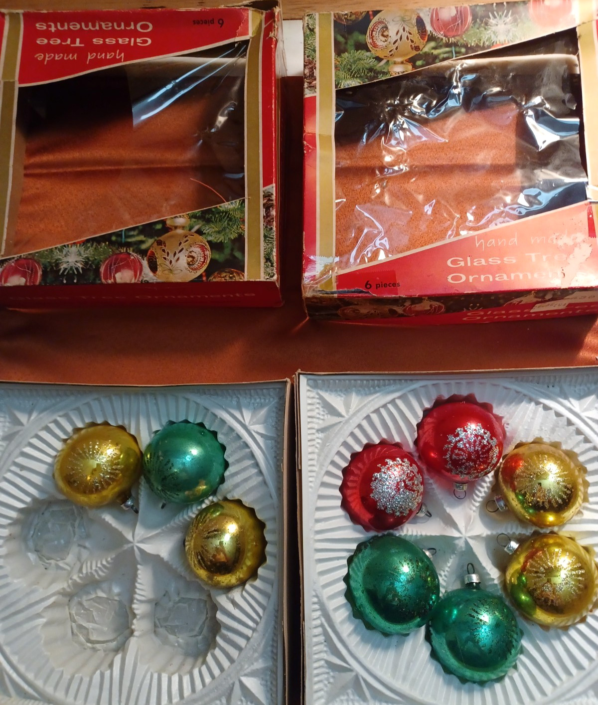 9 VTG West Germany Glass Christmas Ornaments Hand Made Original Boxes Gold Green 9 VTG West Germany Glass Christmas Ornaments Hand Made Original Boxes Gold Green