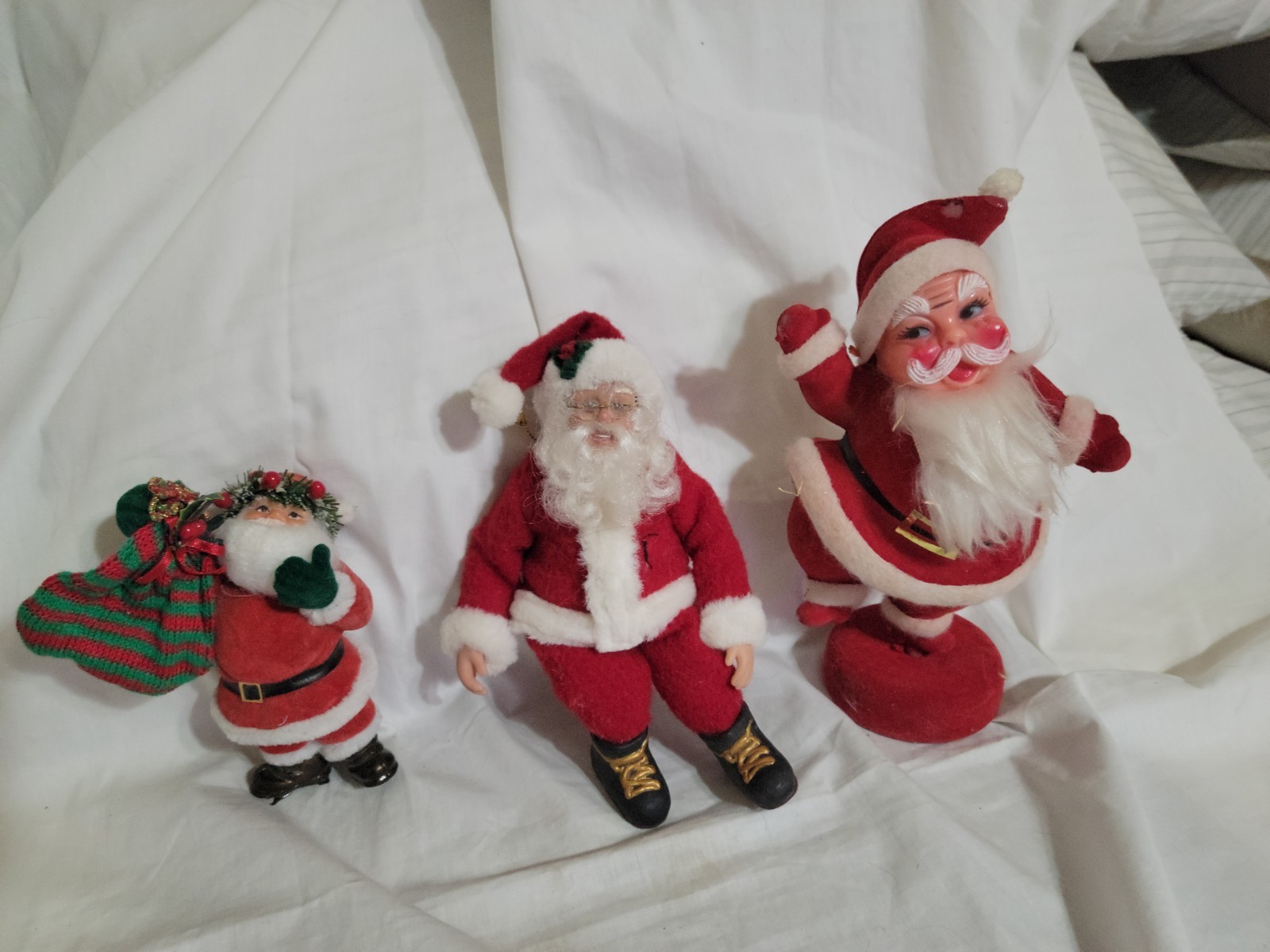 3 Vntg Flocked/Felt Santa Figures/Ornaments Unbranded