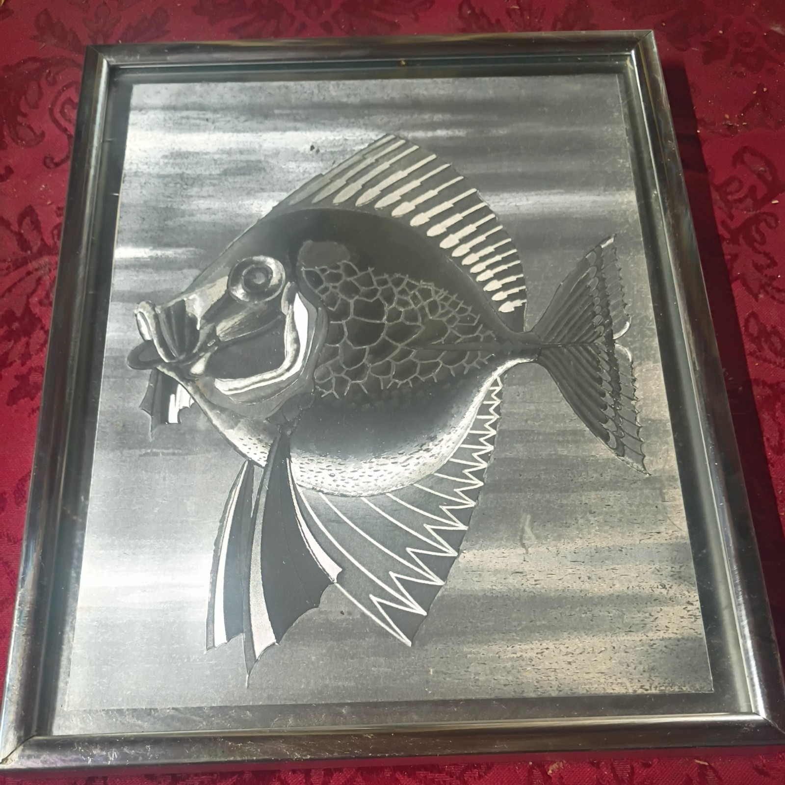 VINTAGE MID CENTURY Silver Etched Framed Fish Vintage MCM 10 BY 12 WALL ART. VINTAGE MID CENTURY Silver Etched Framed Fish Vintage MCM 10 BY 12 WALL ART.