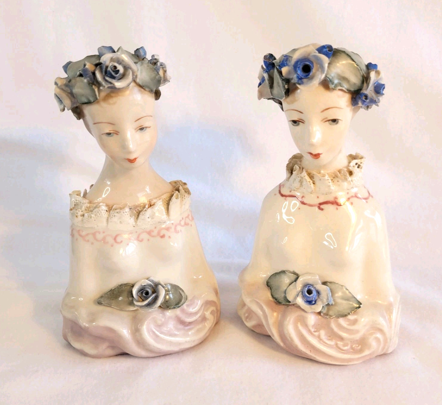 2 Vtg Cordey Cybis Porcelain Lady Bust Figurines Blue Floral Headress #5005