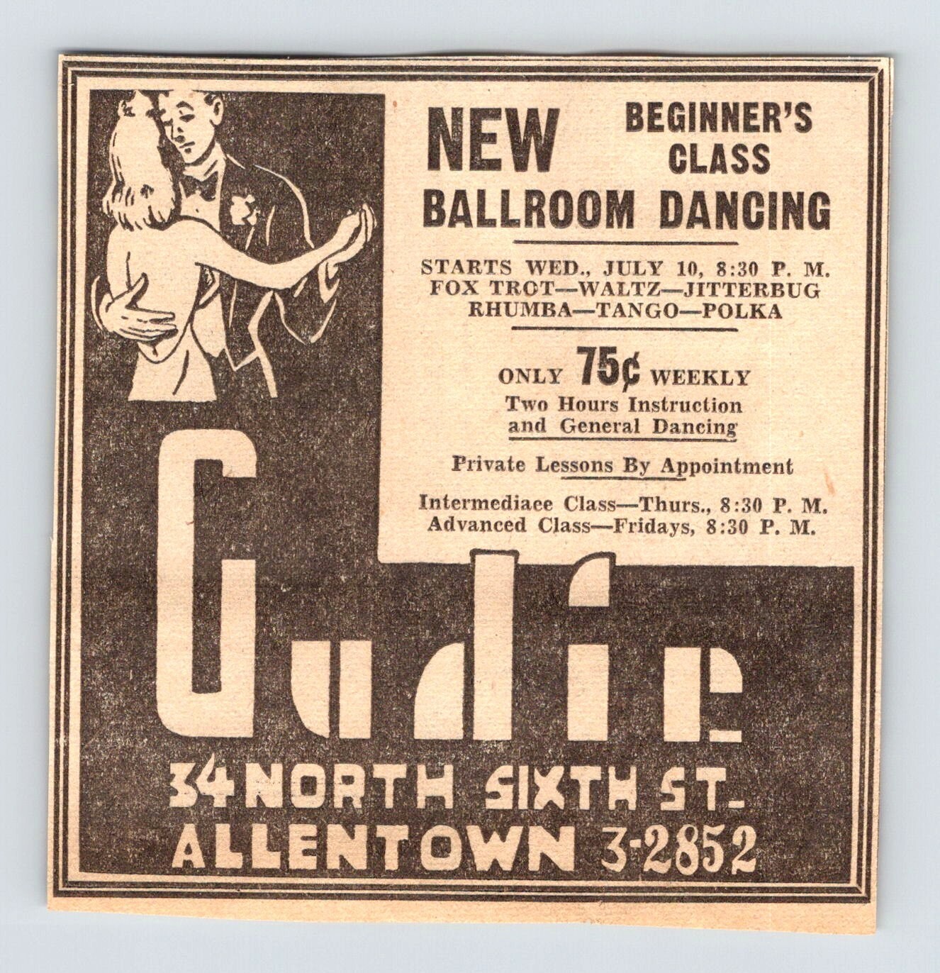 1946 GUDIE BALLROOM DANCING ALLENTOWN PA Vintage 4"X4" Newspaper Ad 1940's M452 1946 GUDIE BALLROOM DANCING ALLENTOWN PA Vintage 4"X4" Newspaper Ad 1940's M452