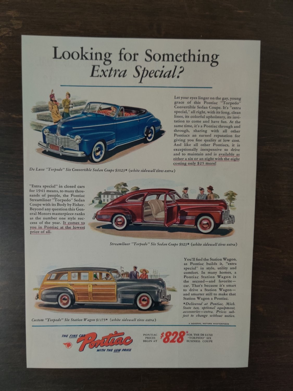 Vintage 1941 Pontiac Torpedo Six Print Advertisement Woodie Wagon Convertible Vintage 1941 Pontiac Torpedo Six Print Advertisement Woodie Wagon Convertible
