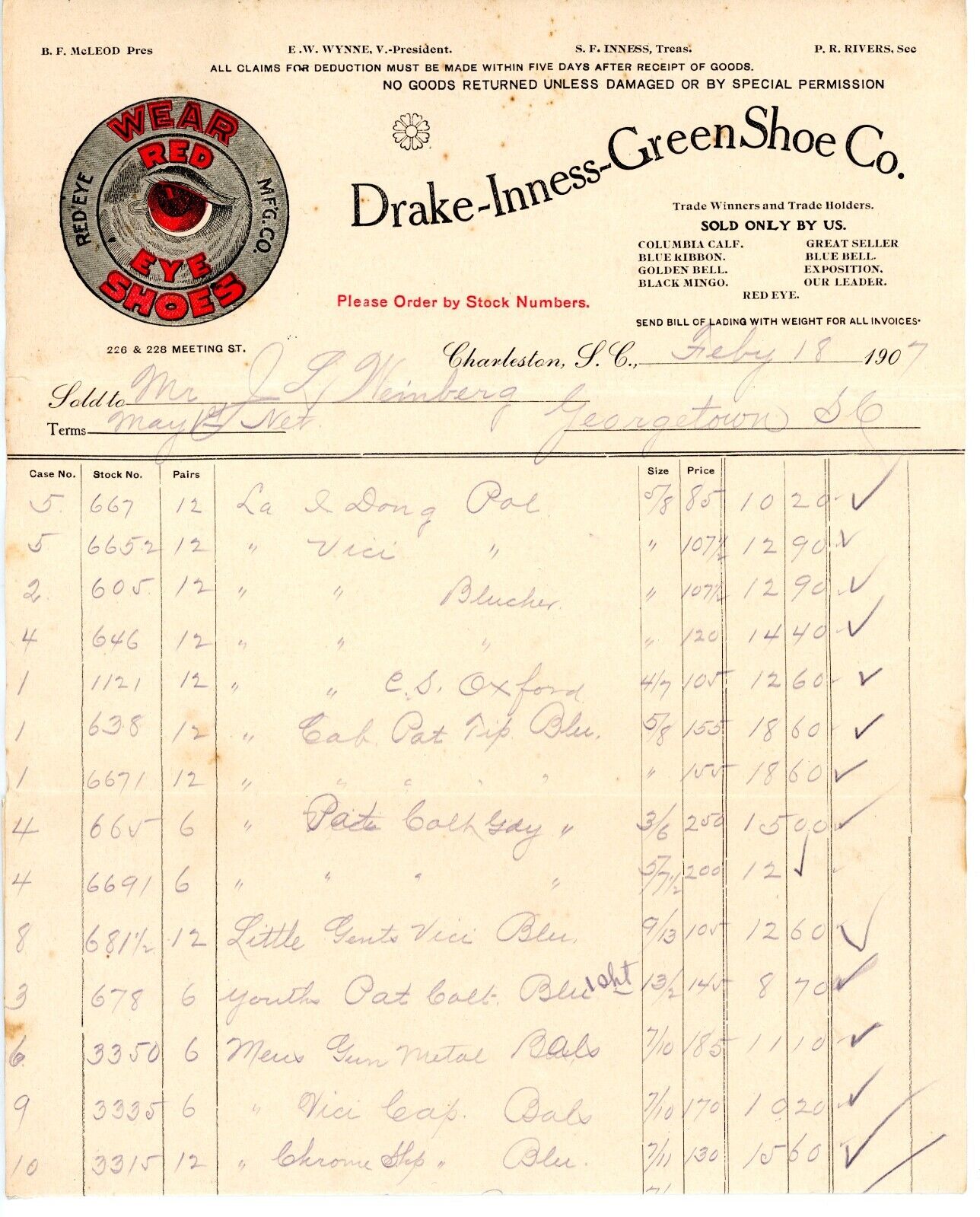 1907 receipt Drake Inness Green Shoe Co. Charleston SC South Carolina Letterhead