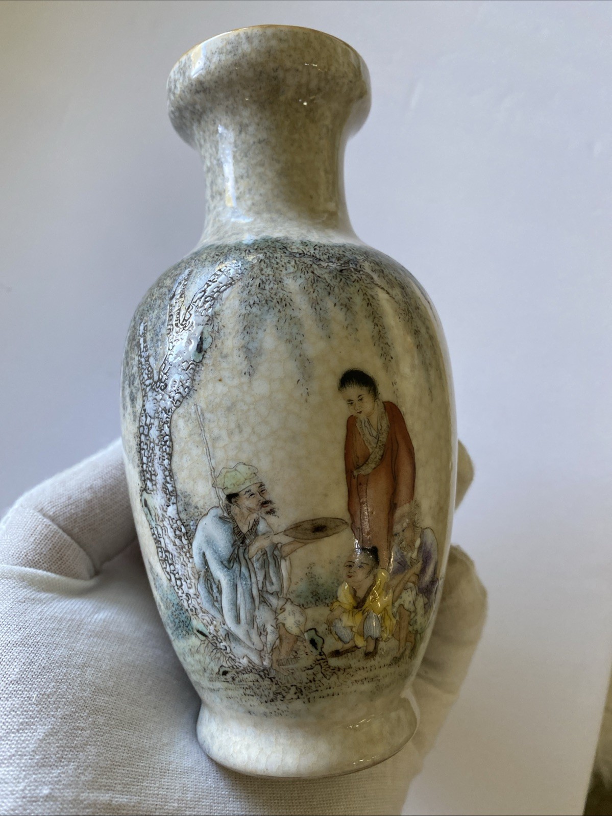 Vintage Chinese Crackle Porcelain Miniature Vase – Famille Rose Figures Tang Vintage Chinese Crackle Porcelain Miniature Vase – Famille Rose Figures Tang