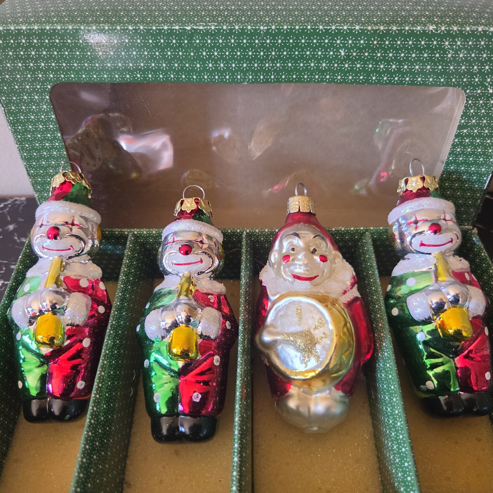 VINTAGE MCM BLOWN GLASS FIGURAL CLOWN ORNAMENTS SET OF 4