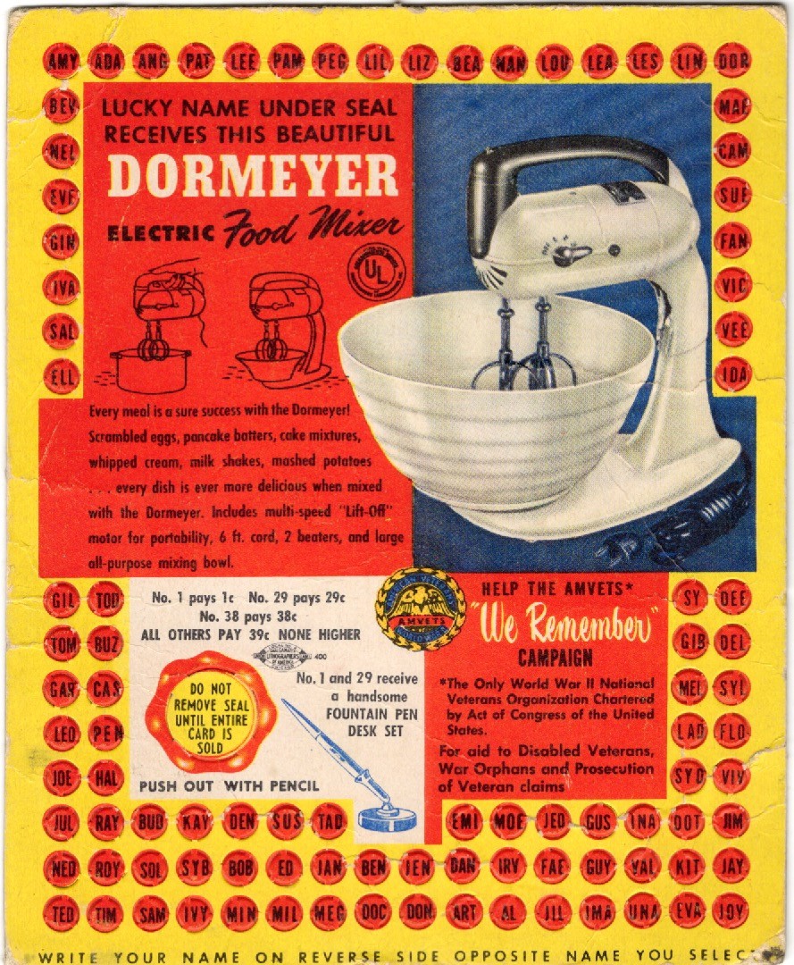 Vintage 1940's DORMEYER Food Mixer Advertising Name Punch Card UnPunched.