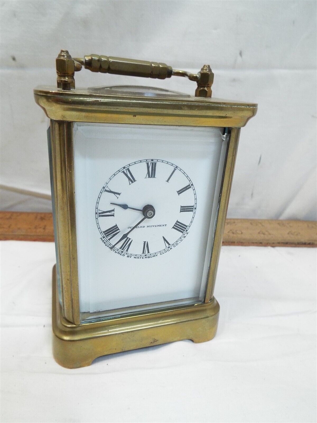 Nice Sm Chiming Waterbury Clock Co Brass Carriage Beveled Glass Porcelain Face
