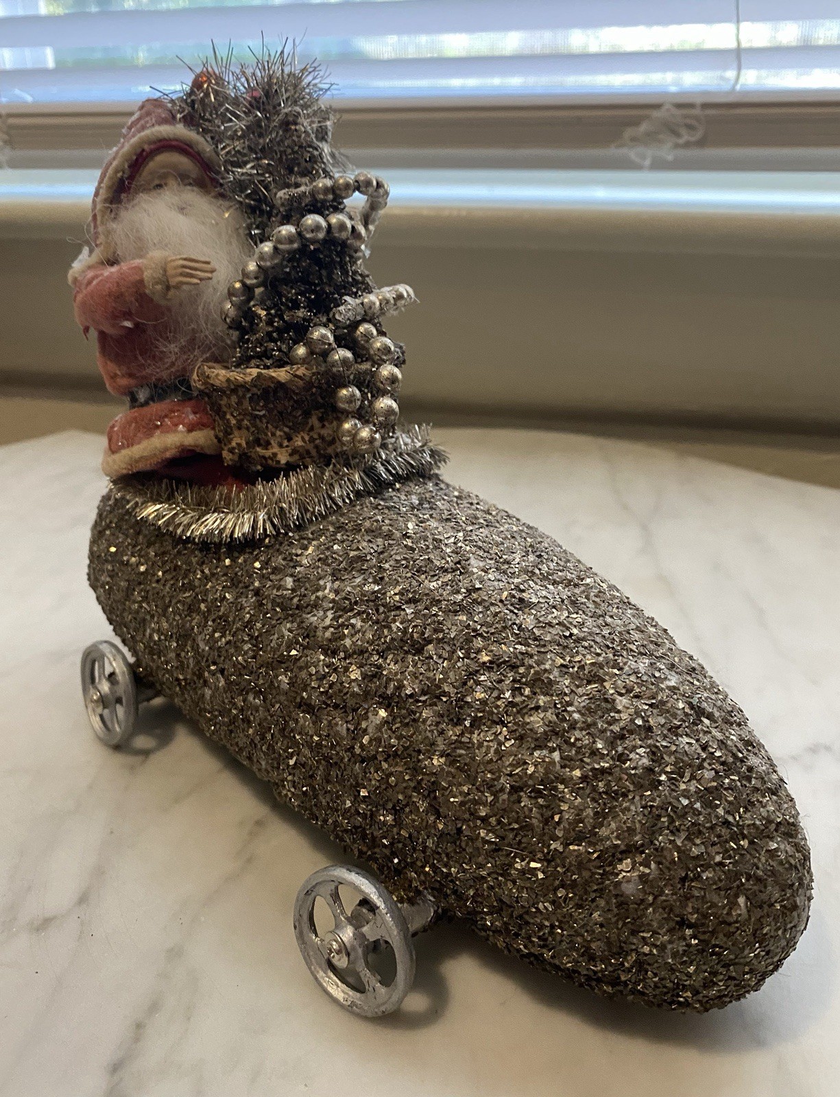Antique Reproduction 1900s Santa/ Mica-Encrusted Early Auto; Christmas Decor EXC Antique Reproduction 1900s Santa/ Mica-Encrusted Early Auto; Christmas Decor EXC