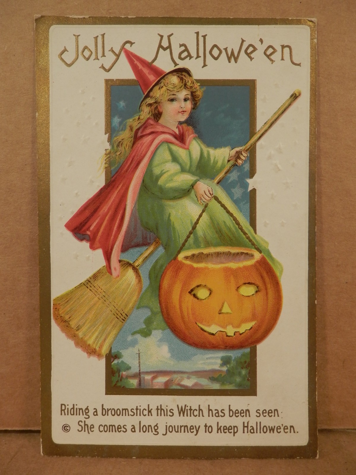 Vintage 1913 Halloween Postcard Girl Witch Broomstick Jack O Lantern Series 226C Vintage 1913 Halloween Postcard Girl Witch Broomstick Jack O Lantern Series 226C