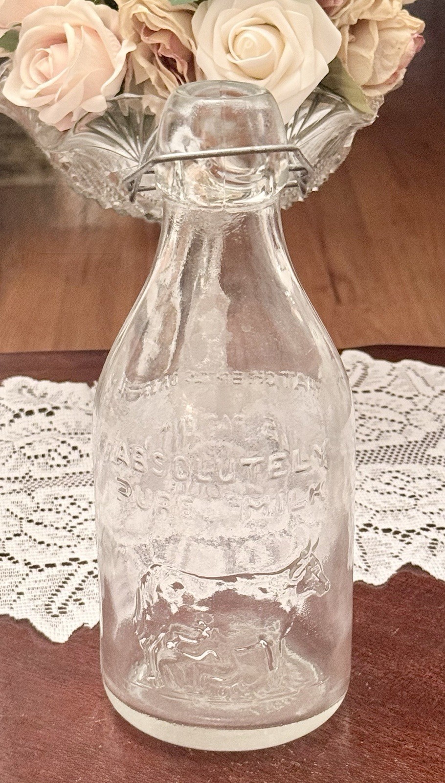 Vintage Thatchers Dairy Glass Milk Bottle, 1965, Clear, Quart, 10.5”, Metal Ring