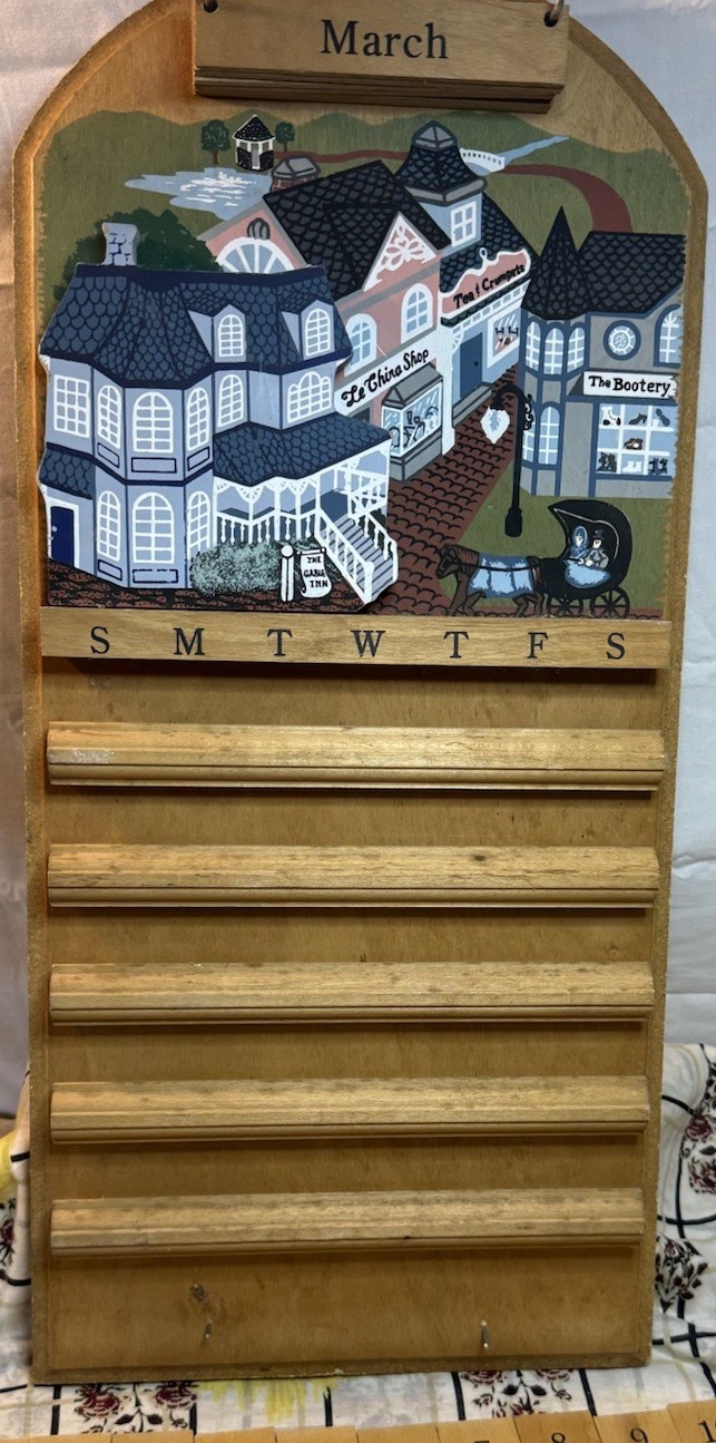 Vintage Wooden Perpetual Wall Calendar Victorian Village Folk Art Complete Set