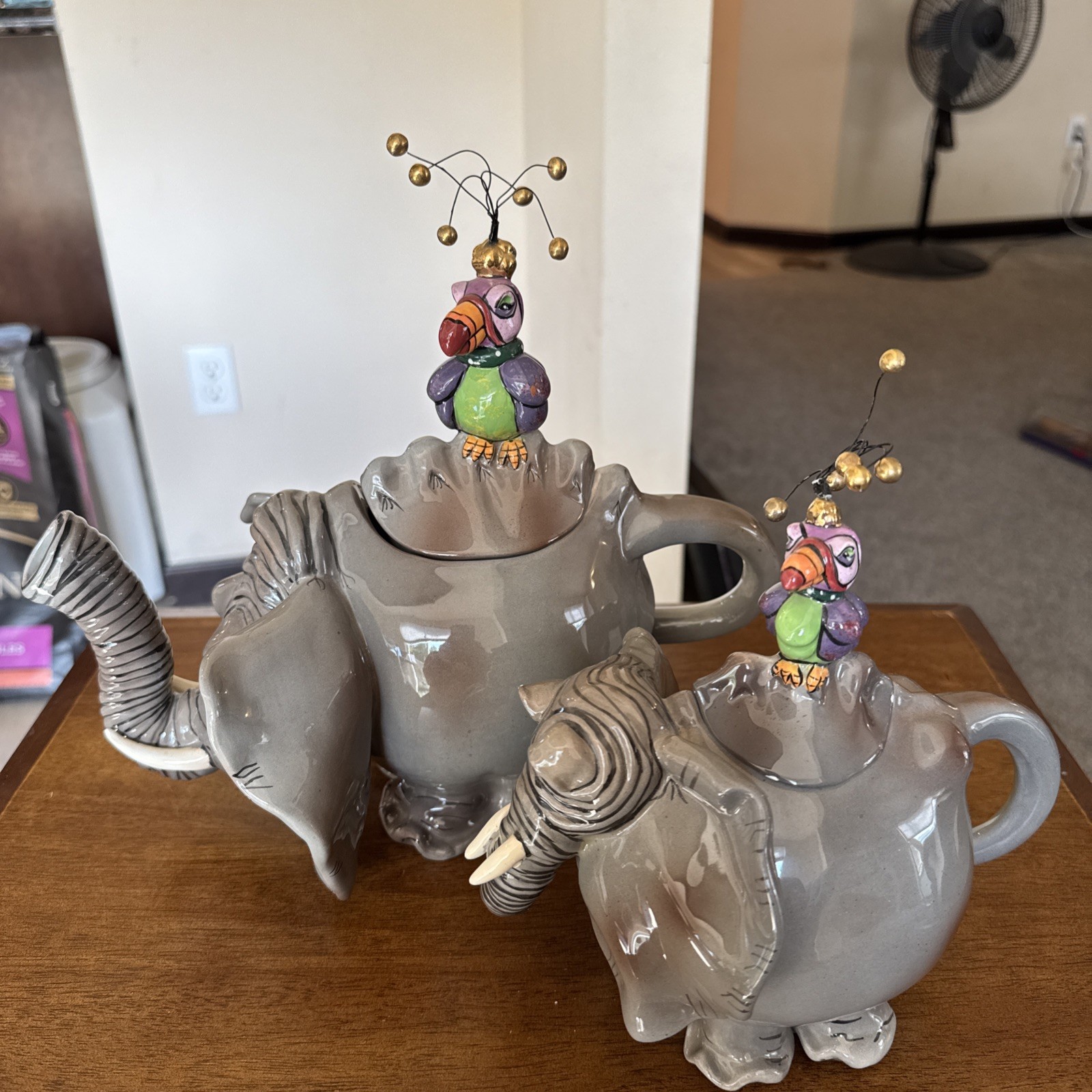 SWAK Lynda Corneille Elephant Teapot Sugar Bowl with Bird Lid Parrot Collectible SWAK Lynda Corneille Elephant Teapot Sugar Bowl with Bird Lid Parrot Collectible