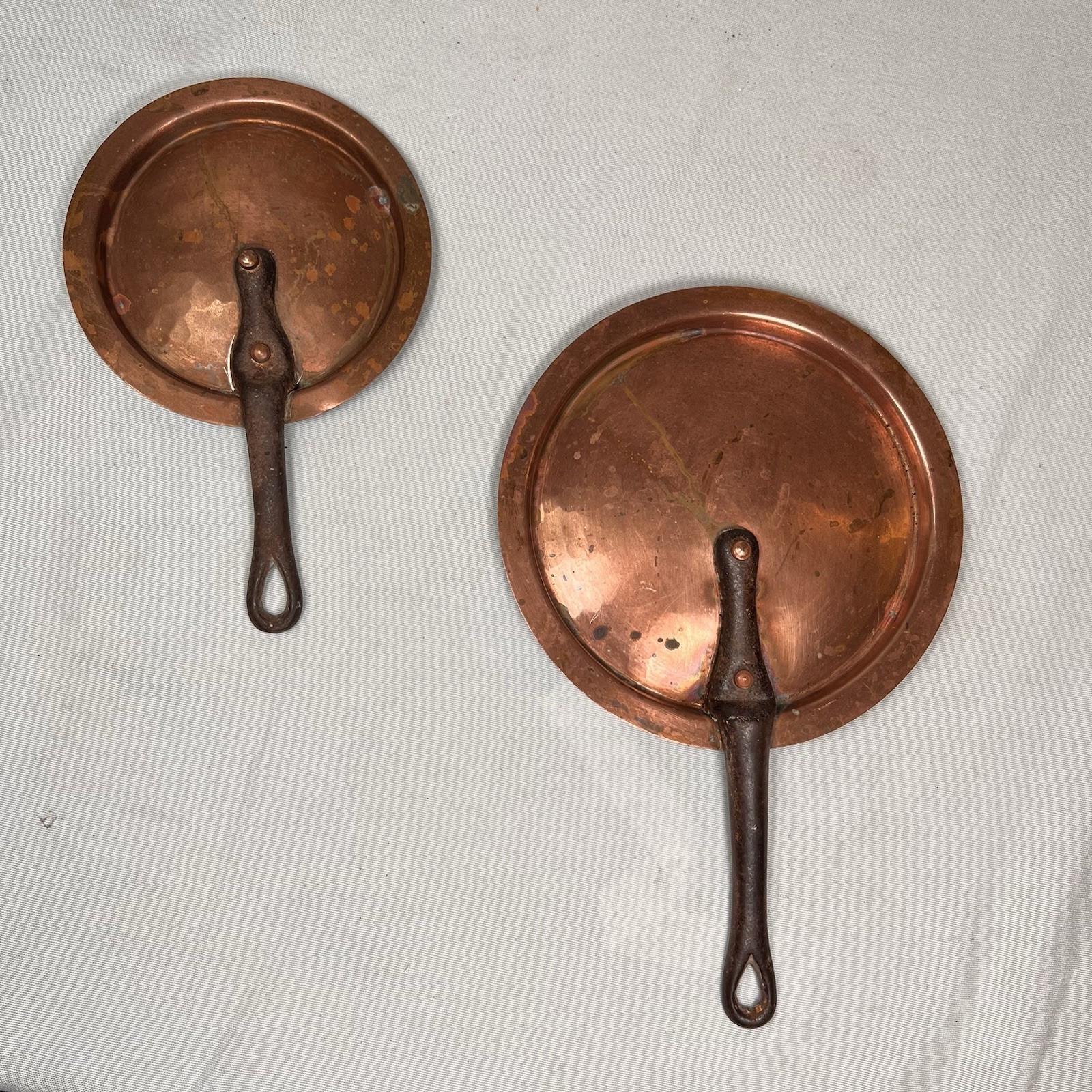 Two Antique Duparquet Fitted Copper Pan Lollipop Lids- 7” & 5.5” Two Antique Duparquet Fitted Copper Pan Lollipop Lids- 7” & 5.5”