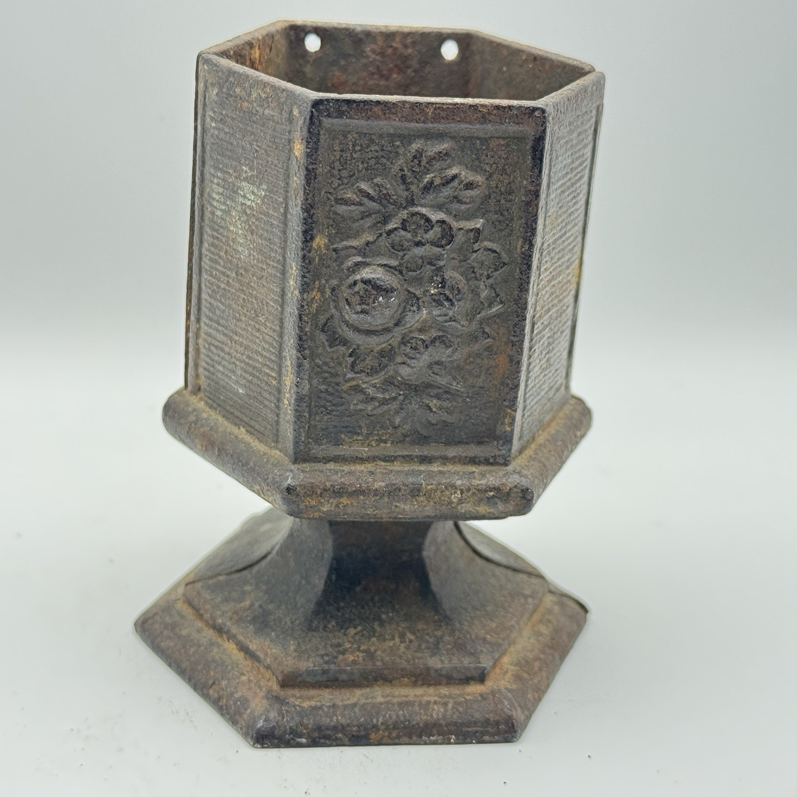 Antique Cast Iron Hexagonal Stove Bank Base Floral Relief Pedestal Missing Lid Antique Cast Iron Hexagonal Stove Bank Base Floral Relief Pedestal Missing Lid