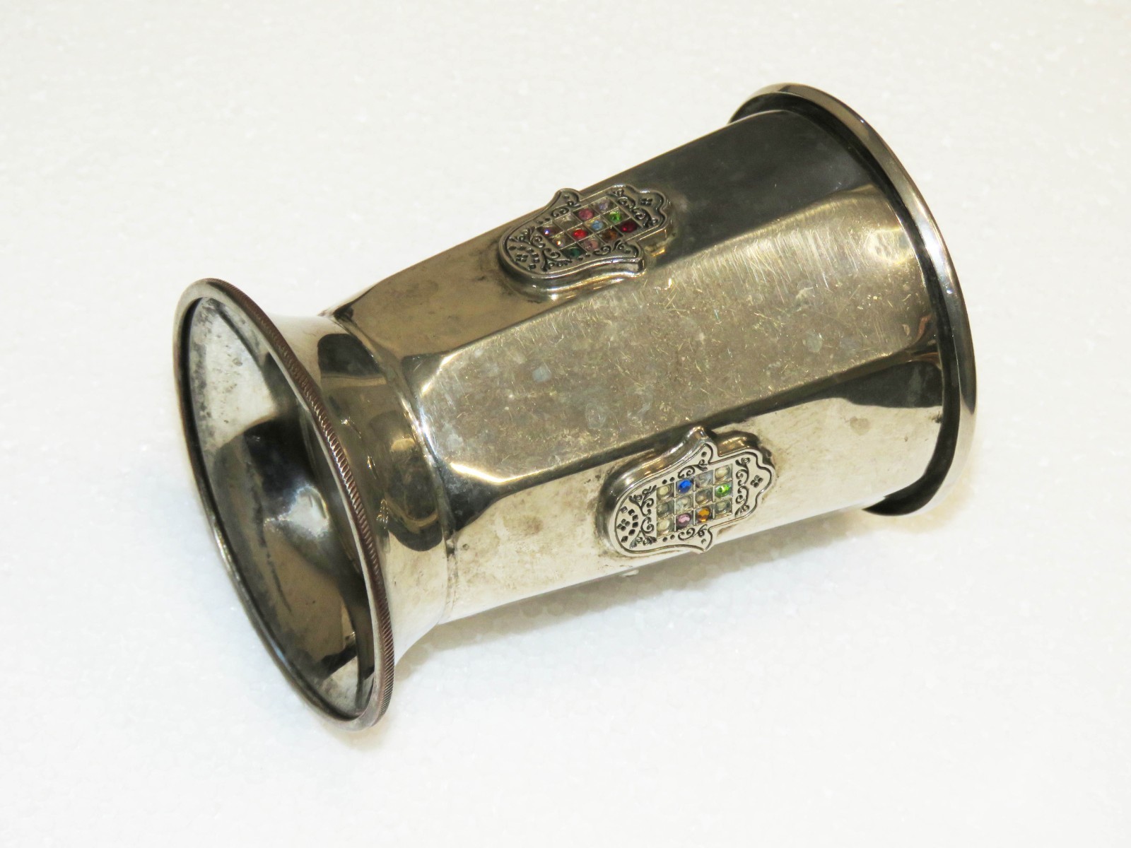 Beautiful Judaica Kabalistic Cup Silver plated with Hebrew Writing, amulet. Beautiful Judaica Kabalistic Cup Silver plated with Hebrew Writing, amulet.