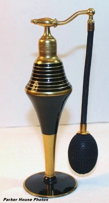 Volupte`-1926 Art Deco Style Black Opaque Glass Atomizer- 22 kt Gold Decoration Volupte`-1926 Art Deco Style Black Opaque Glass Atomizer- 22 kt Gold Decoration
