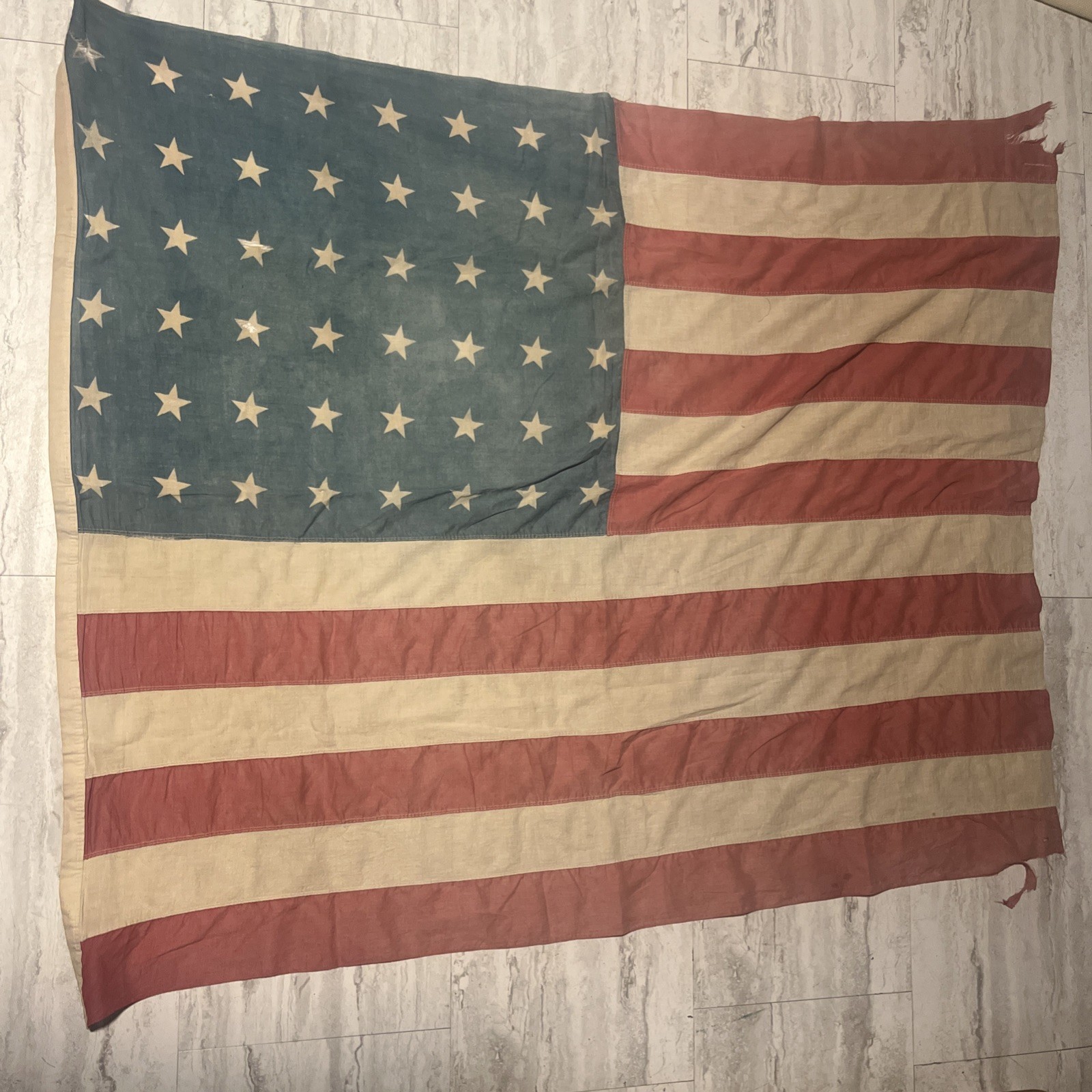 Vintage 48 Star American Flag WWII Era Sewn Cotton 49.5x43.5” Tattered Patina Vintage 48 Star American Flag WWII Era Sewn Cotton 49.5x43.5” Tattered Patina