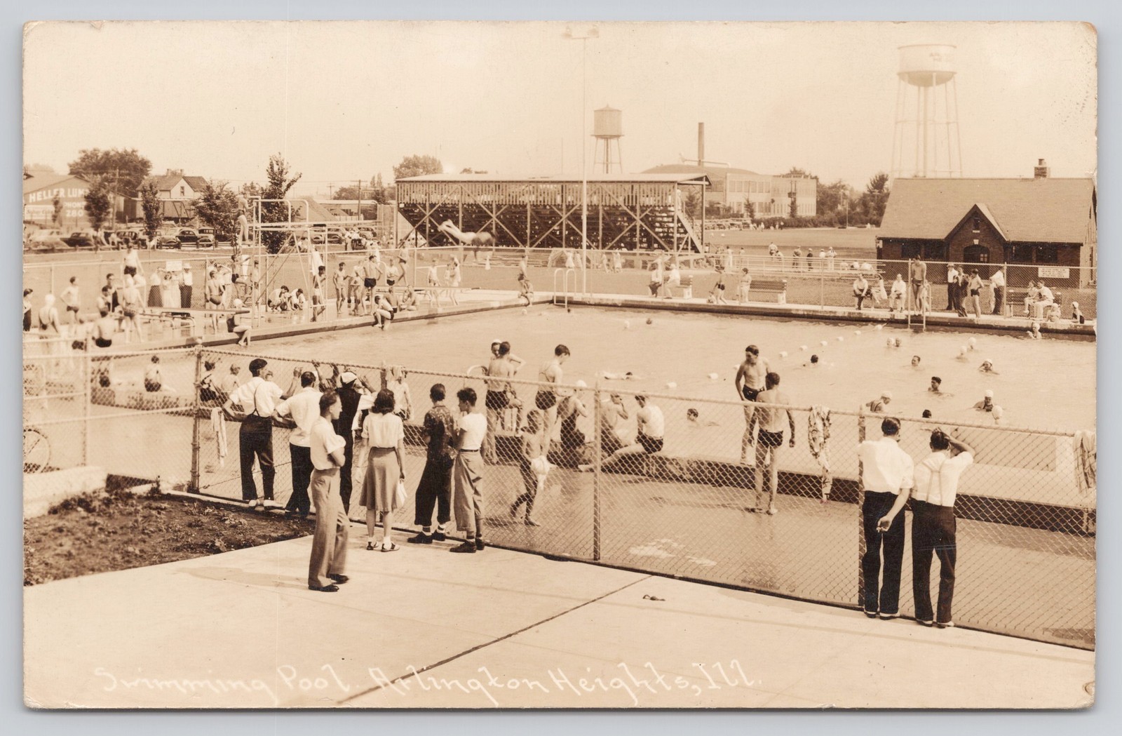 RPPC Swimming Pool Arlington Heights IL Crowd Diving c1940s Postcard RPPC Swimming Pool Arlington Heights IL Crowd Diving c1940s Postcard