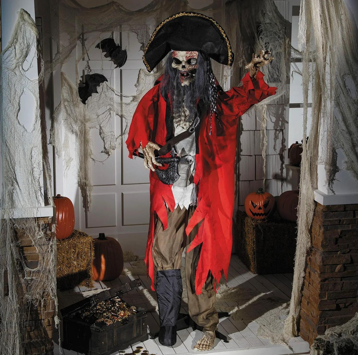 6 Ft Animated Pirate Skeleton Halloween Decoration, Life-Size Standing Prop 6 Ft Animated Pirate Skeleton Halloween Decoration, Life-Size Standing Prop