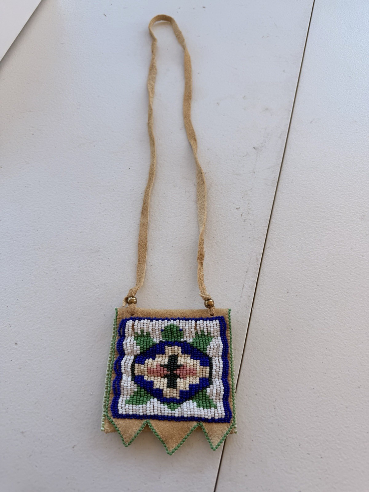 Artisan Signed JP Turtle Mark Beaded Leather Medicine Pouch Necklace Artisan Signed JP Turtle Mark Beaded Leather Medicine Pouch Necklace