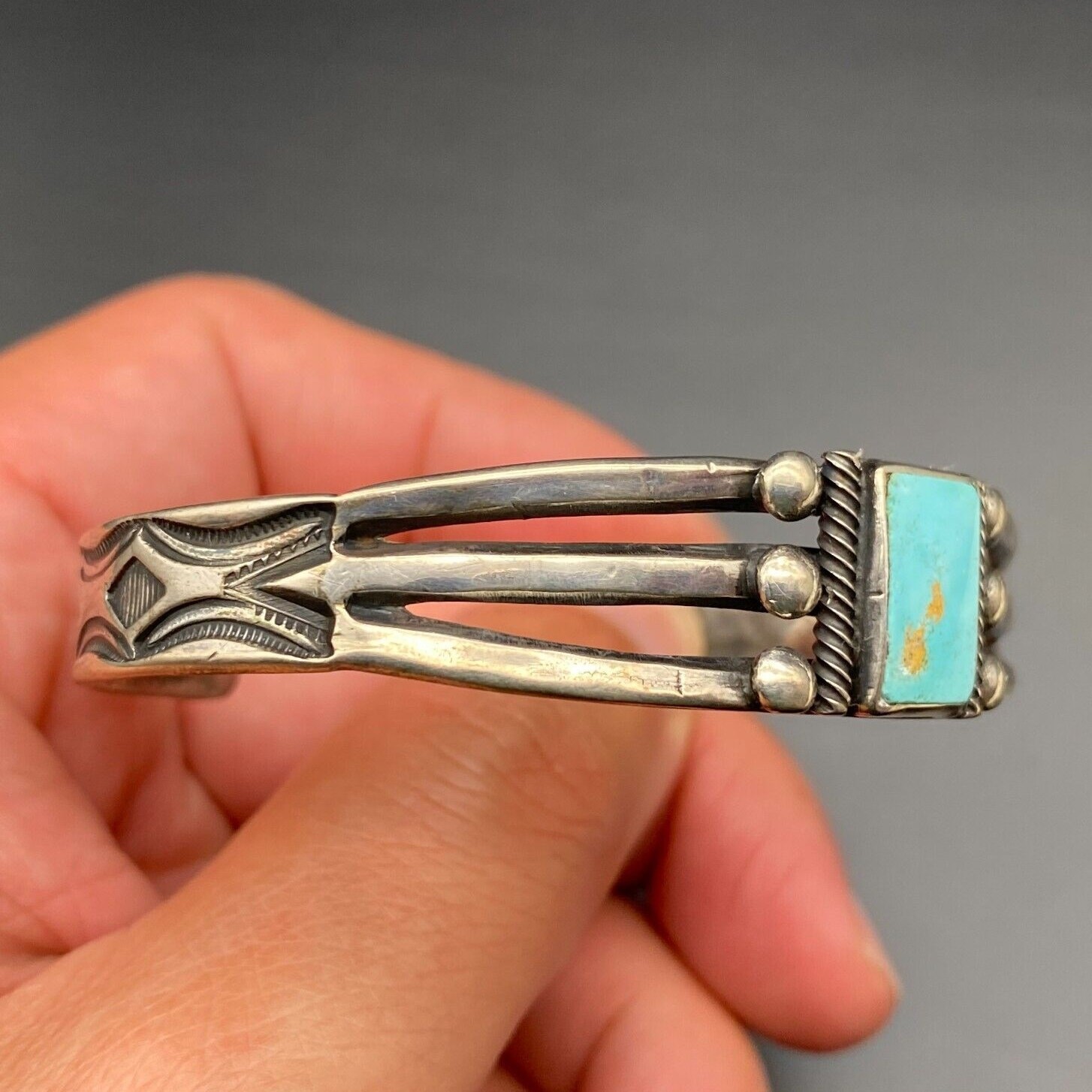 Vintage Navajo Native Turquoise Hand Stampwork Silver Bracelet Cuff 6-3/4"