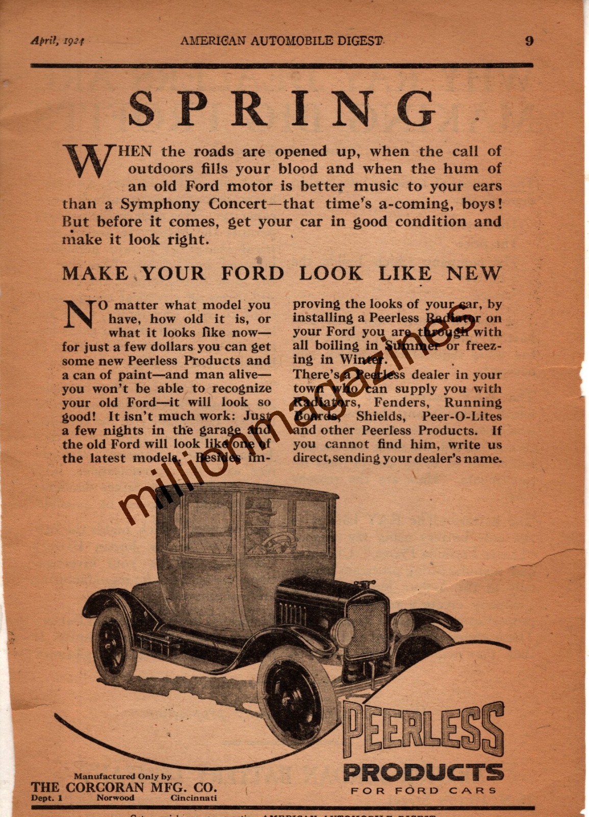 1924 Ford Model T Original ad for Peerless body parts and radiator - Cincinnati 1924 Ford Model T Original ad for Peerless body parts and radiator - Cincinnati
