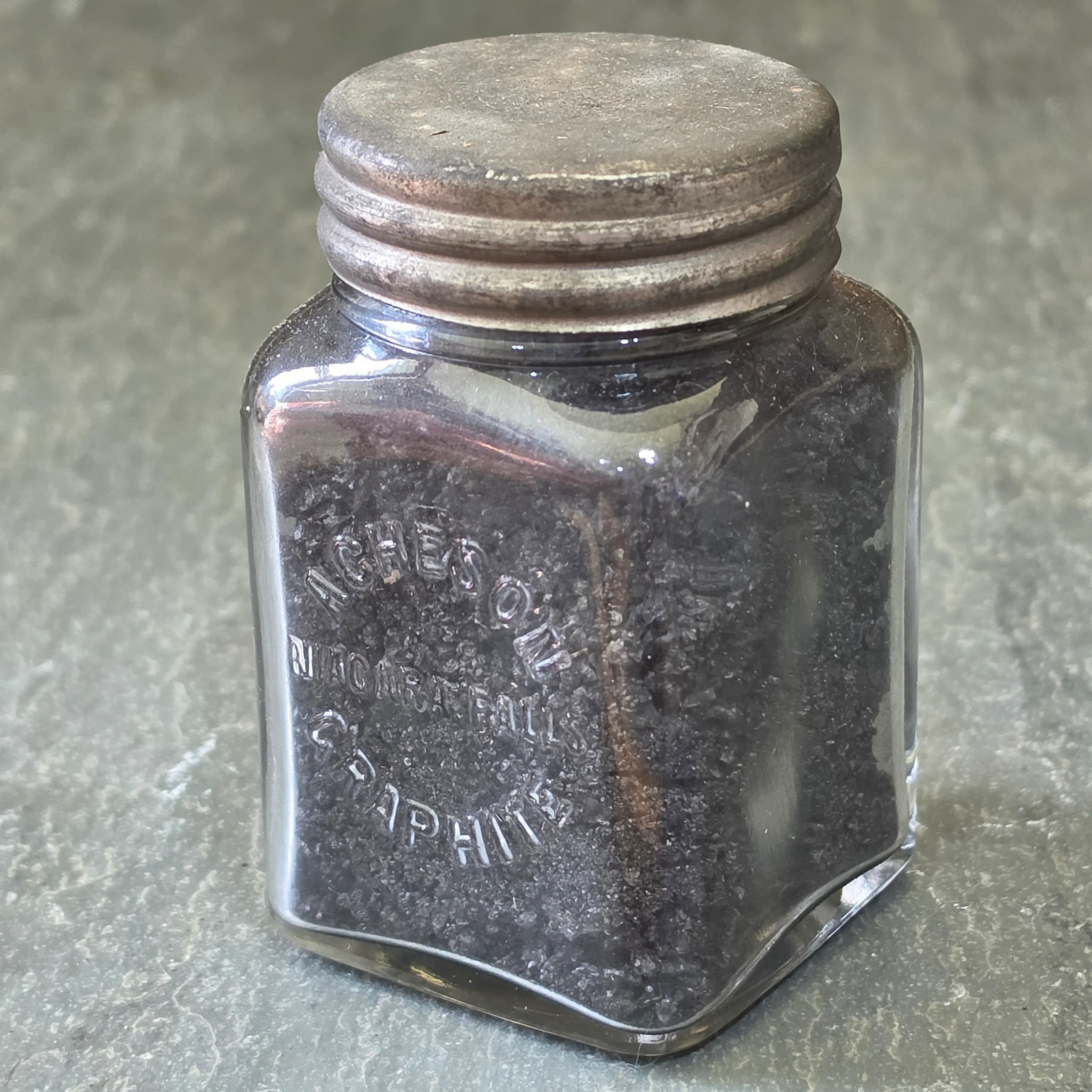 Rare Antique Acheson Niagara Falls Graphite Sample Bottle Embossed Glass Jar NY