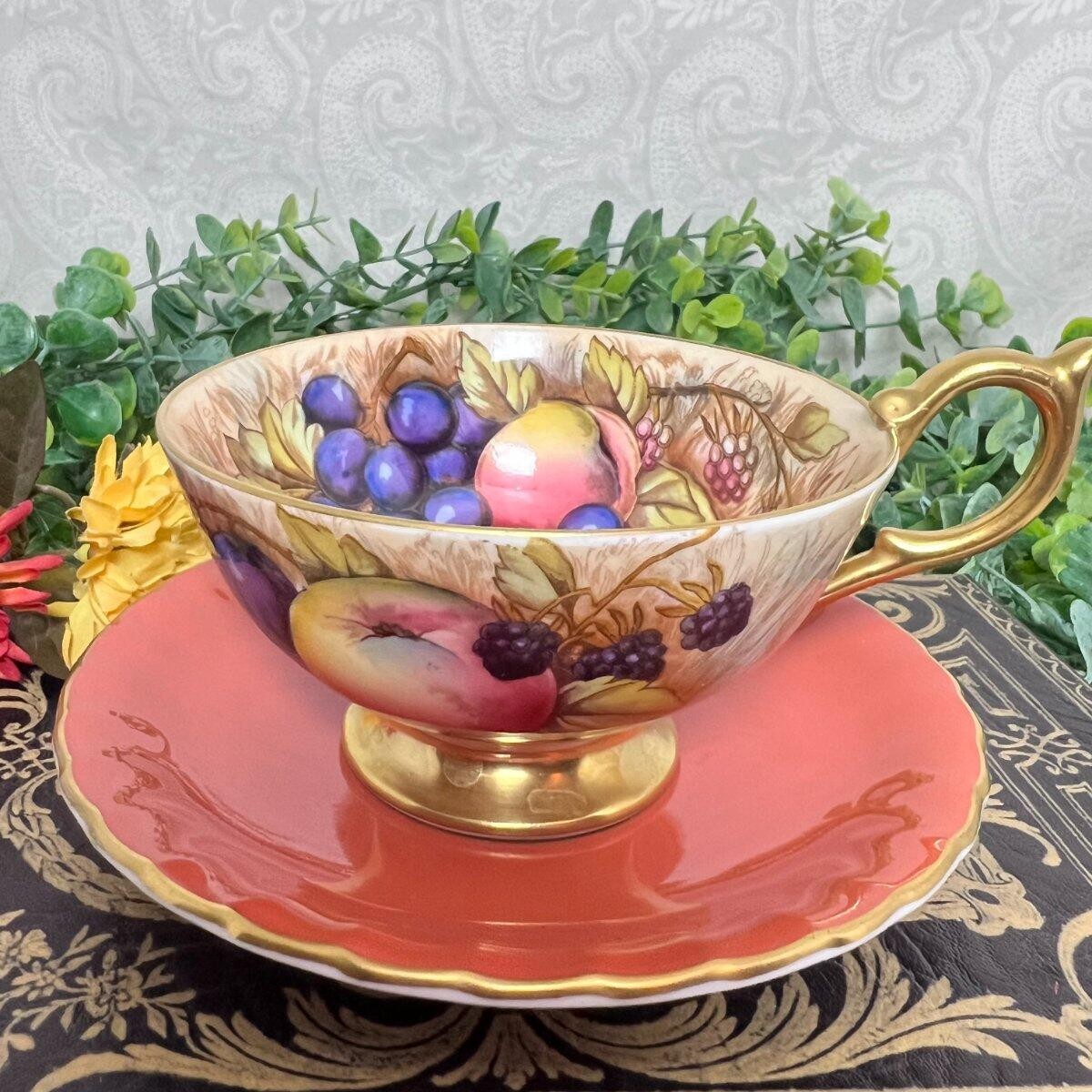 Aynsley England Tea Cup Saucer Burnt Orange Gold Orchard Fruit Berries Signed Aynsley England Tea Cup Saucer Burnt Orange Gold Orchard Fruit Berries Signed