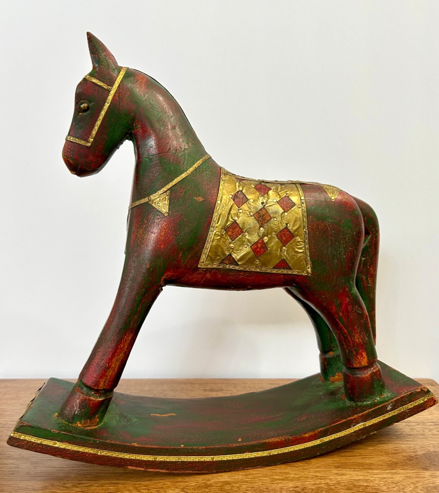 Vintage Folk Art Indian Hand-Carved Wood Brass Inlay Trojan Rocking Horse