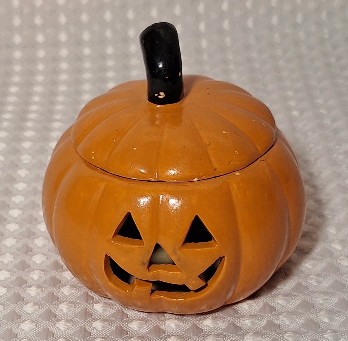 Vintage 1990s Halloween Pumpkin Jack O' Lantern Ceramic Tea Light Candle Holder