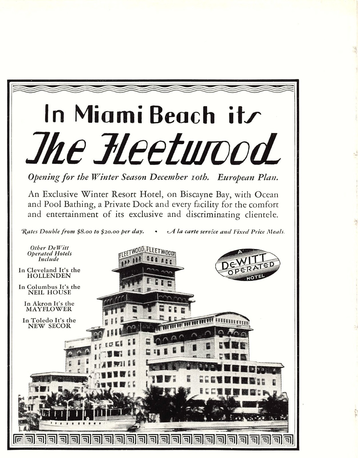 The Fleetwood Hotel Miami Beach Biscayne Bay Florida Art Deco 1935 Mag Print Ad The Fleetwood Hotel Miami Beach Biscayne Bay Florida Art Deco 1935 Mag Print Ad