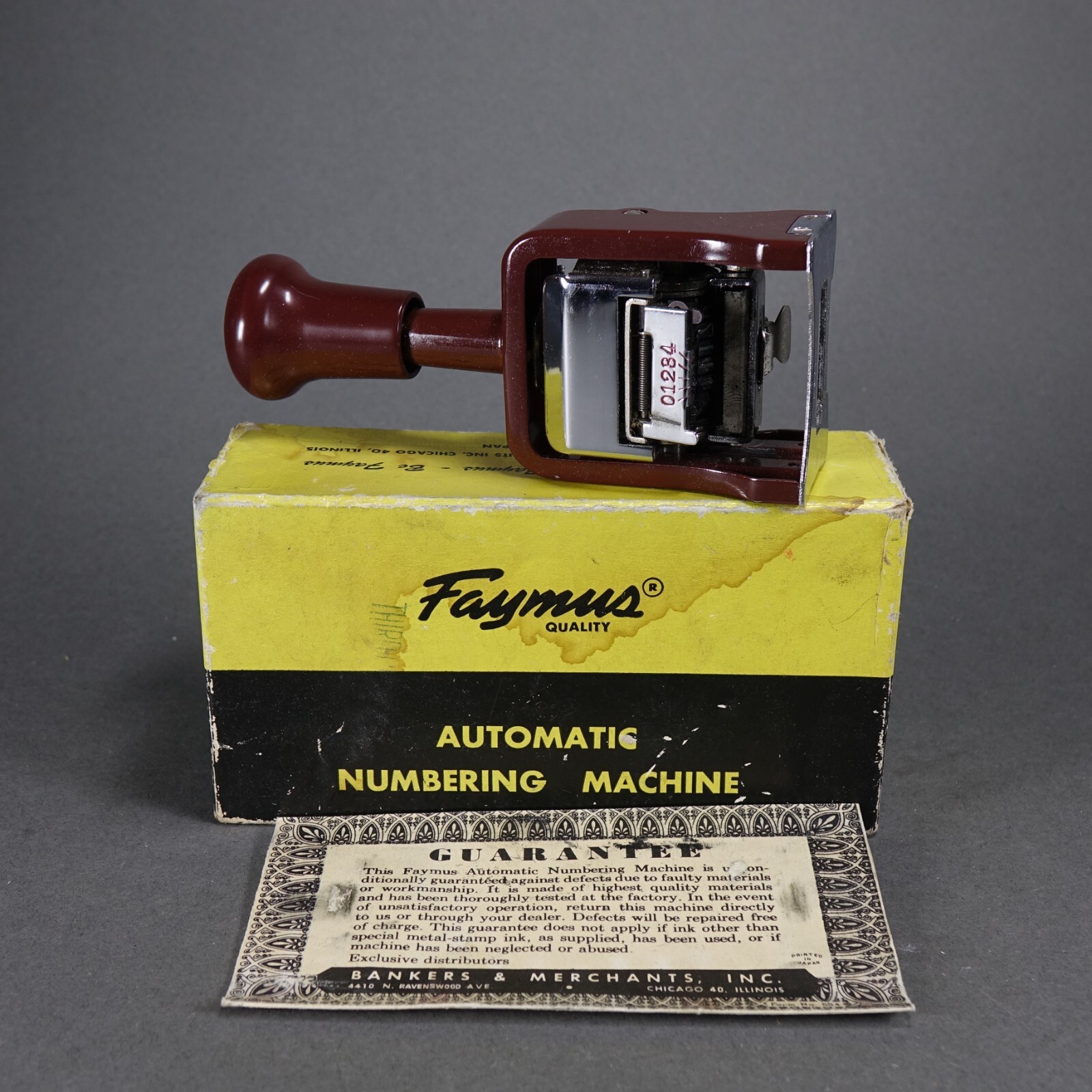 Vintage ~ Model A ~ FAYMUS Automatic Numbering Machine ~ Japan w/box & paperwork