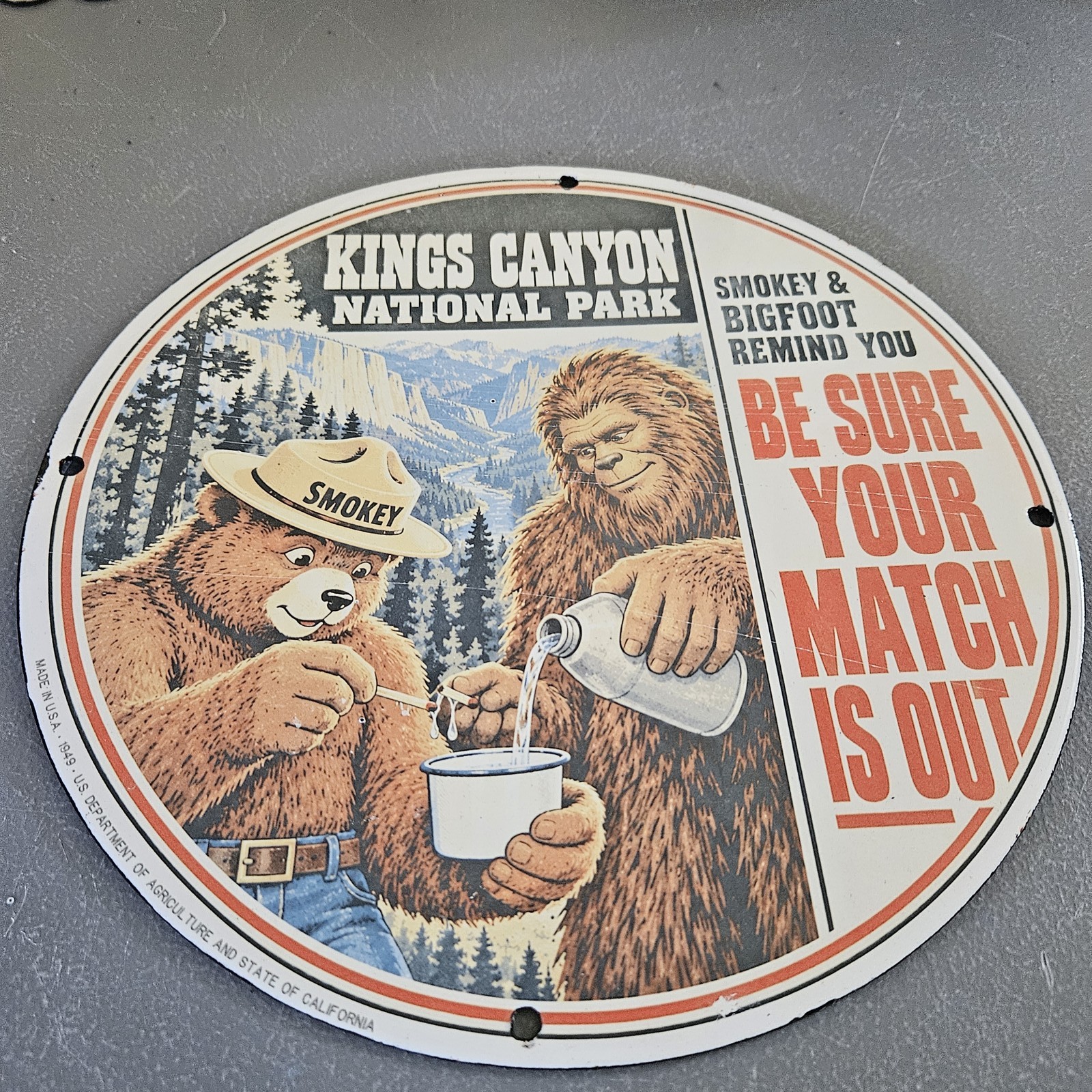 VINTAGE 1949 KINGS CANYON NATIONAL PARK 12" PORCELAIN SIGN SMOKEY BIGFOOT VINTAGE 1949 KINGS CANYON NATIONAL PARK 12" PORCELAIN SIGN SMOKEY BIGFOOT