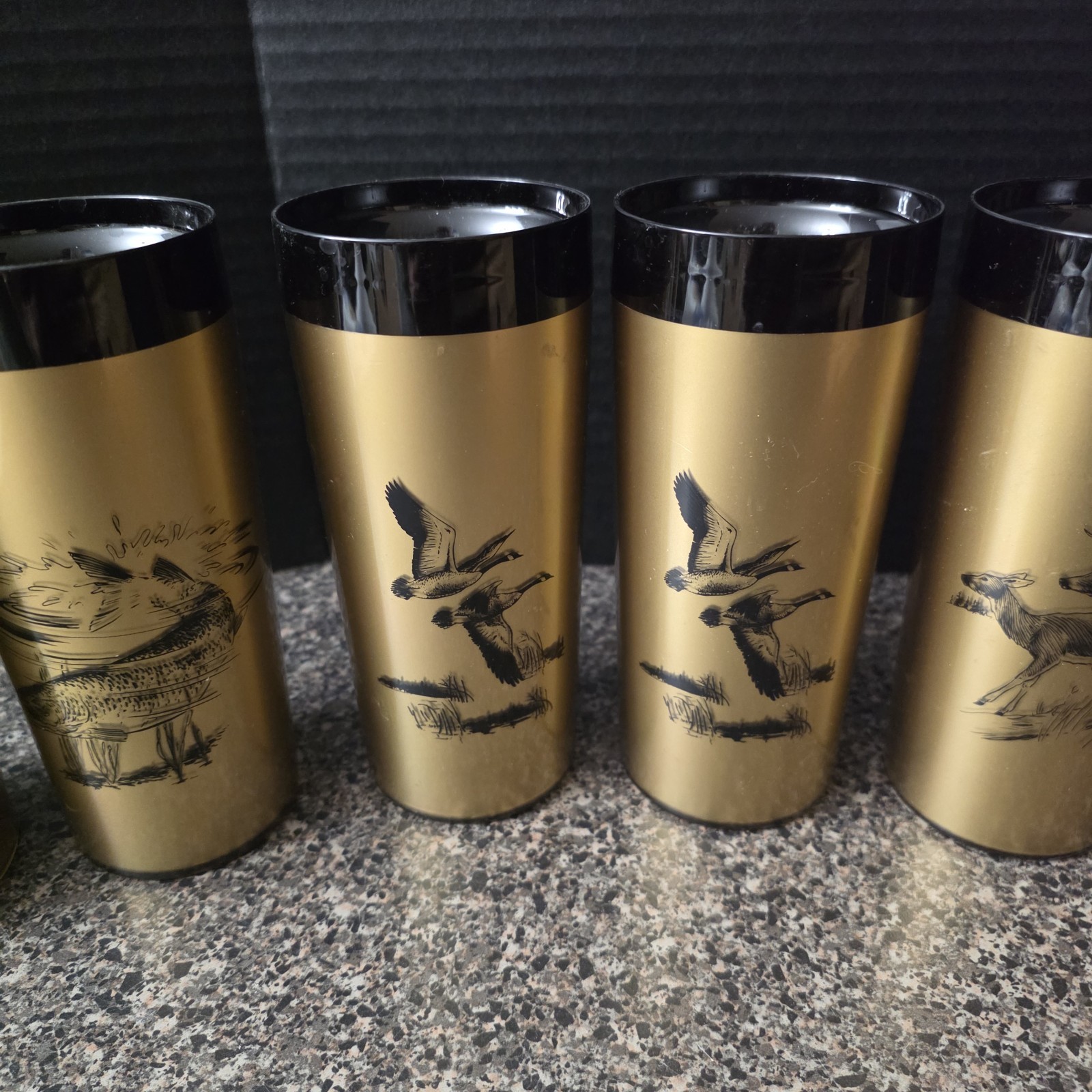 Vintage MCM Insulated Tumblers Set of 6 Gold Black Wildlife Made in USA NFC Vintage MCM Insulated Tumblers Set of 6 Gold Black Wildlife Made in USA NFC