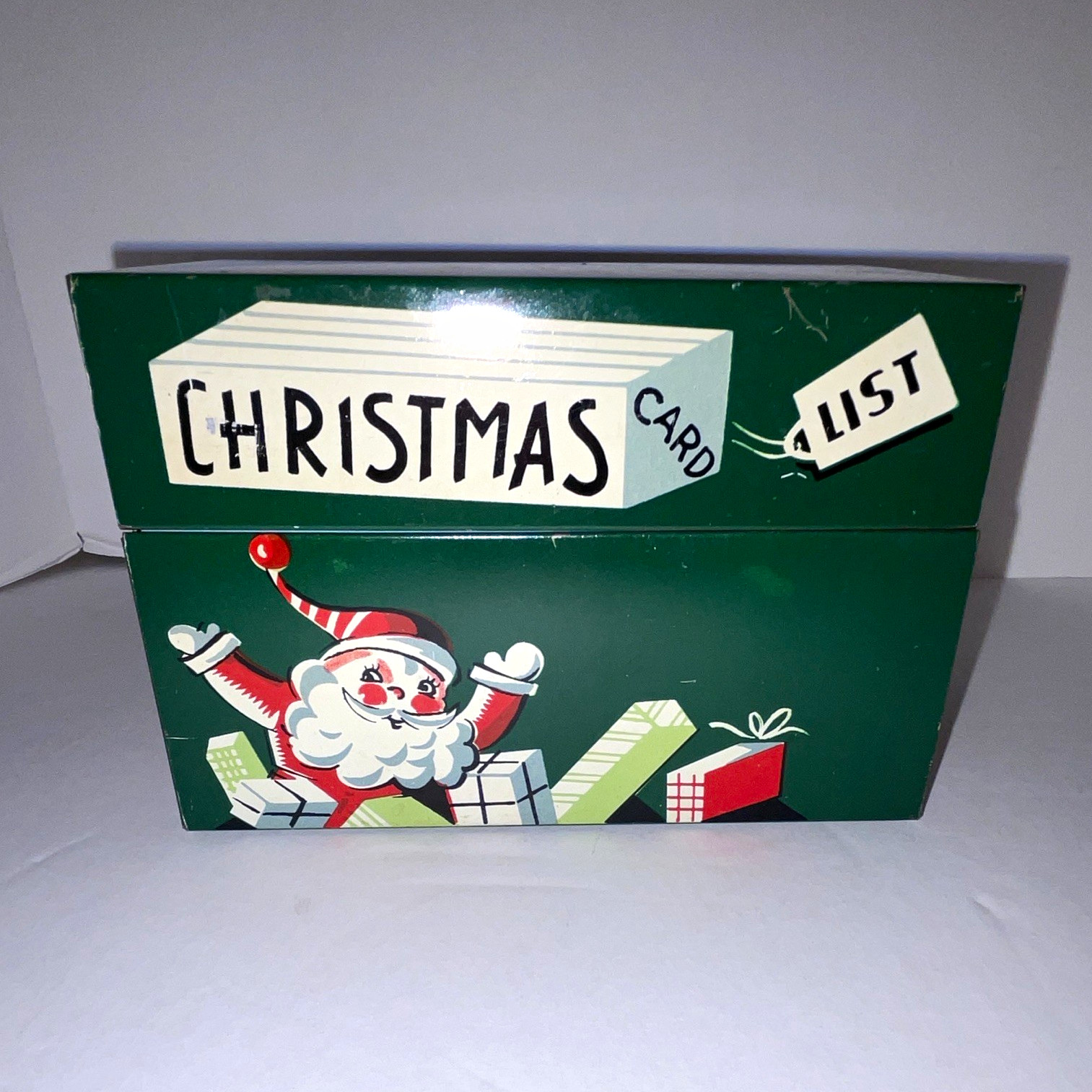 Vintage 1954 Mayfair Christmas Card List/Recipe File Tin Box Litho Metal Santa Vintage 1954 Mayfair Christmas Card List/Recipe File Tin Box Litho Metal Santa