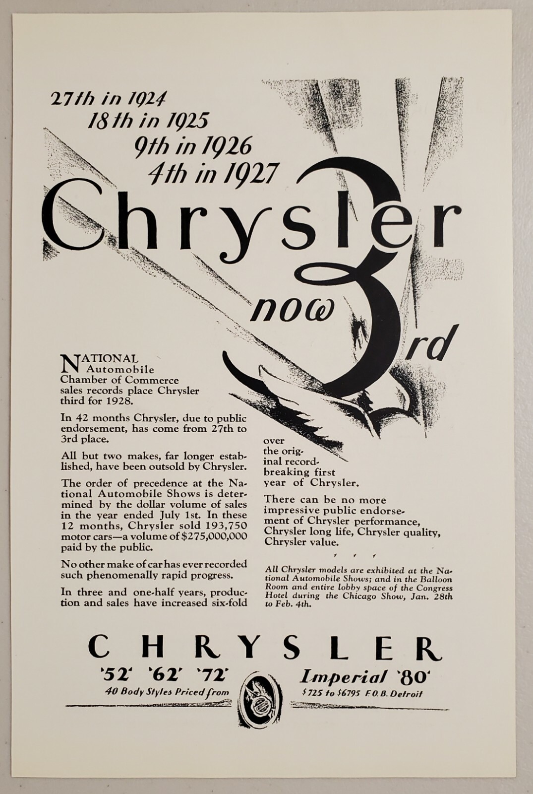 1928 Print Ad Chrysler Now in 3rd Place Among Automakers