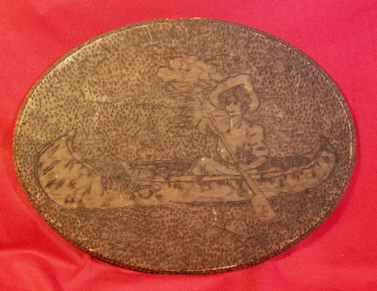 1880s-1910s Woman In Canoe Pyrography Wood Hanging Plaque Panel vtg 12x9 Antique 1880s-1910s Woman In Canoe Pyrography Wood Hanging Plaque Panel vtg 12x9 Antique