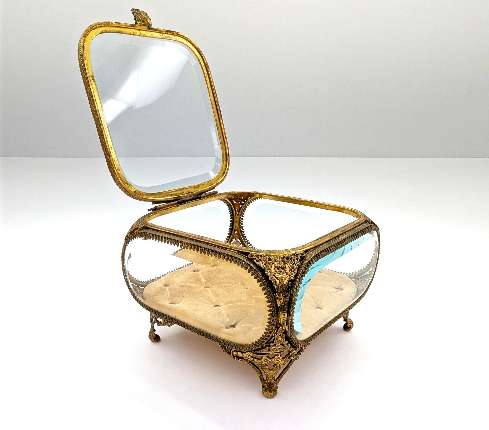 Antique Gilt Brass Vitrine Casket Jewelry Box French Bella Epoque Large 5" SQ