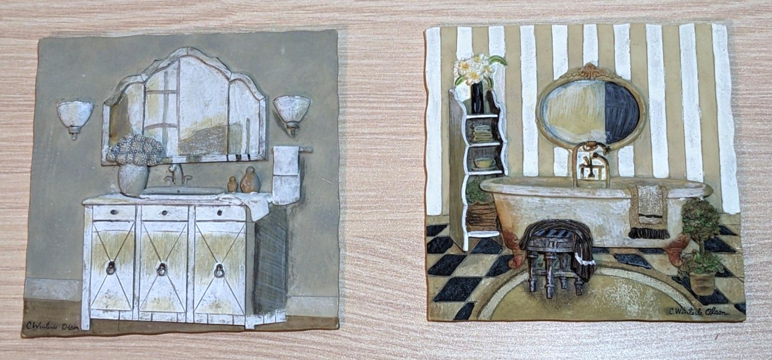 C. Winterle Olson Signed 2PC Wall Art Tiles Bathtub & Sink 5.5in Bathroom Decor C. Winterle Olson Signed 2PC Wall Art Tiles Bathtub & Sink 5.5in Bathroom Decor