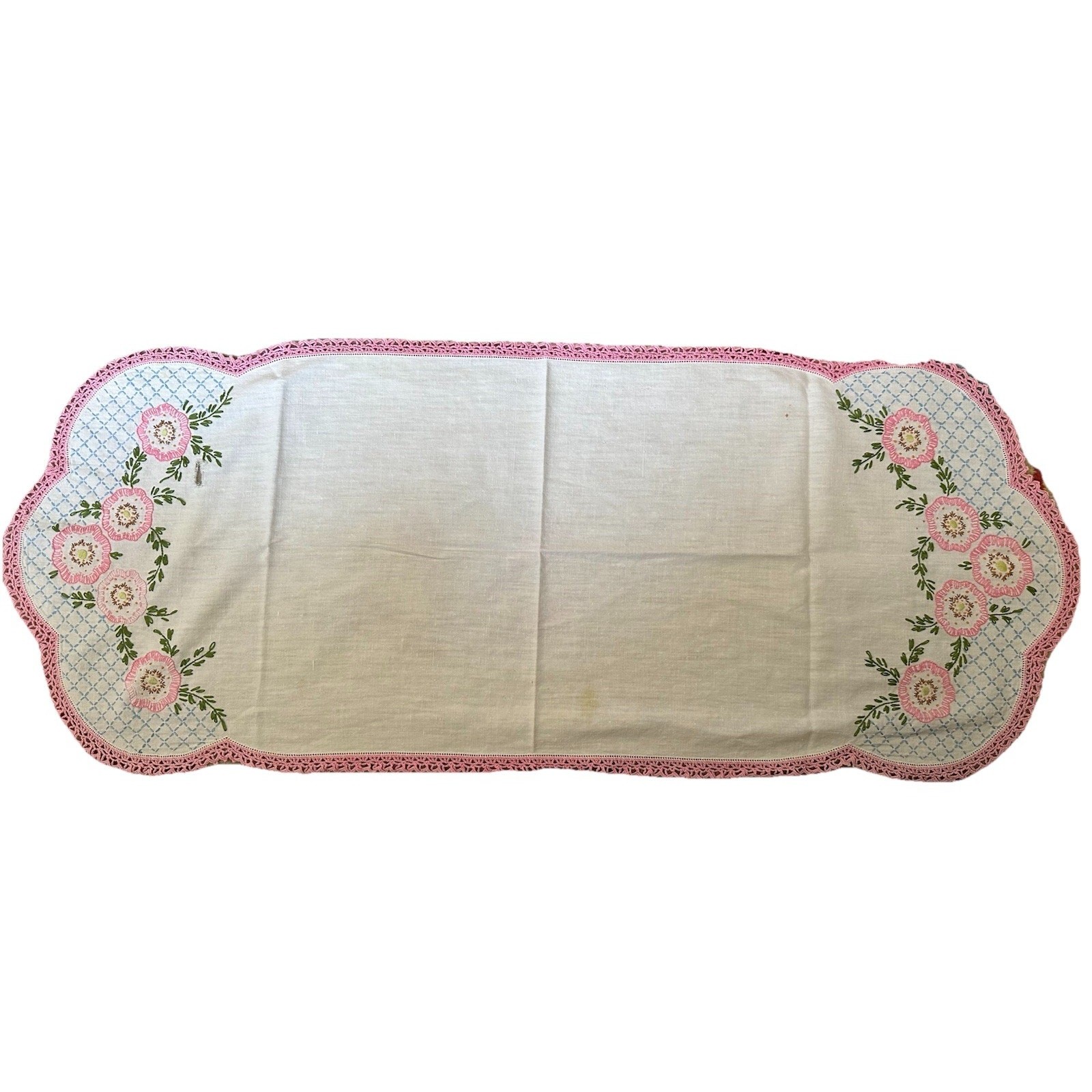 Vintage Hand Embroidered Pink Floral Crochet Edge Dresser Cloth 15” x 37” Vintage Hand Embroidered Pink Floral Crochet Edge Dresser Cloth 15” x 37”