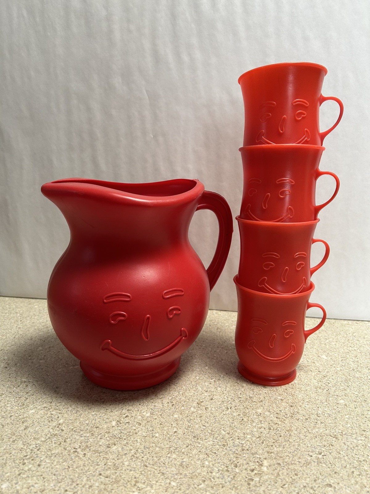 Vintage 1984 Kool-Aid Man Red Pitcher with 4 Cups General Foods Complete Set Vintage 1984 Kool-Aid Man Red Pitcher with 4 Cups General Foods Complete Set