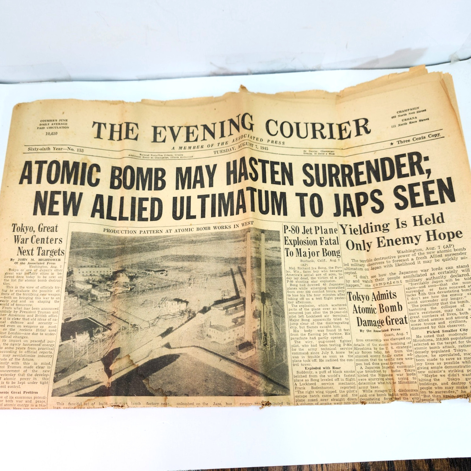 The Evening Courier August 1945: Atomic Bomb May Hasten Surrender WWII Newspaper The Evening Courier August 1945: Atomic Bomb May Hasten Surrender WWII Newspaper