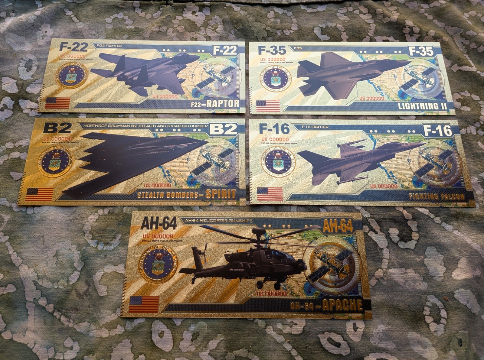 5pc USA Military Fighter Jets 24k Gold Foil Plated Collectible Novelty Banknotes 5pc USA Military Fighter Jets 24k Gold Foil Plated Collectible Novelty Banknotes