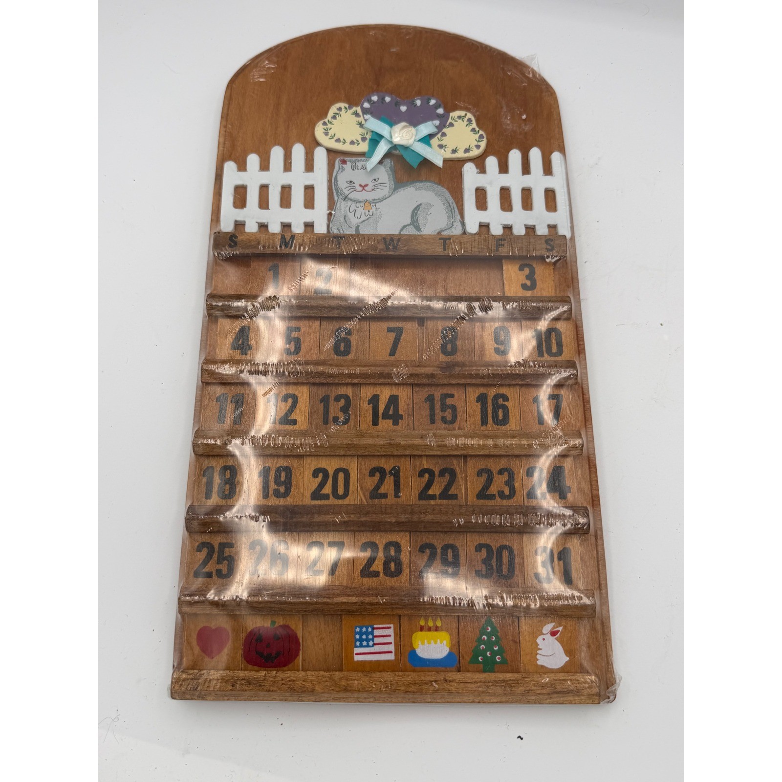 Vintage 1980s Carol Wright Wooden Perpetual Calendar Cat Picket Fence New Sealed Vintage 1980s Carol Wright Wooden Perpetual Calendar Cat Picket Fence New Sealed