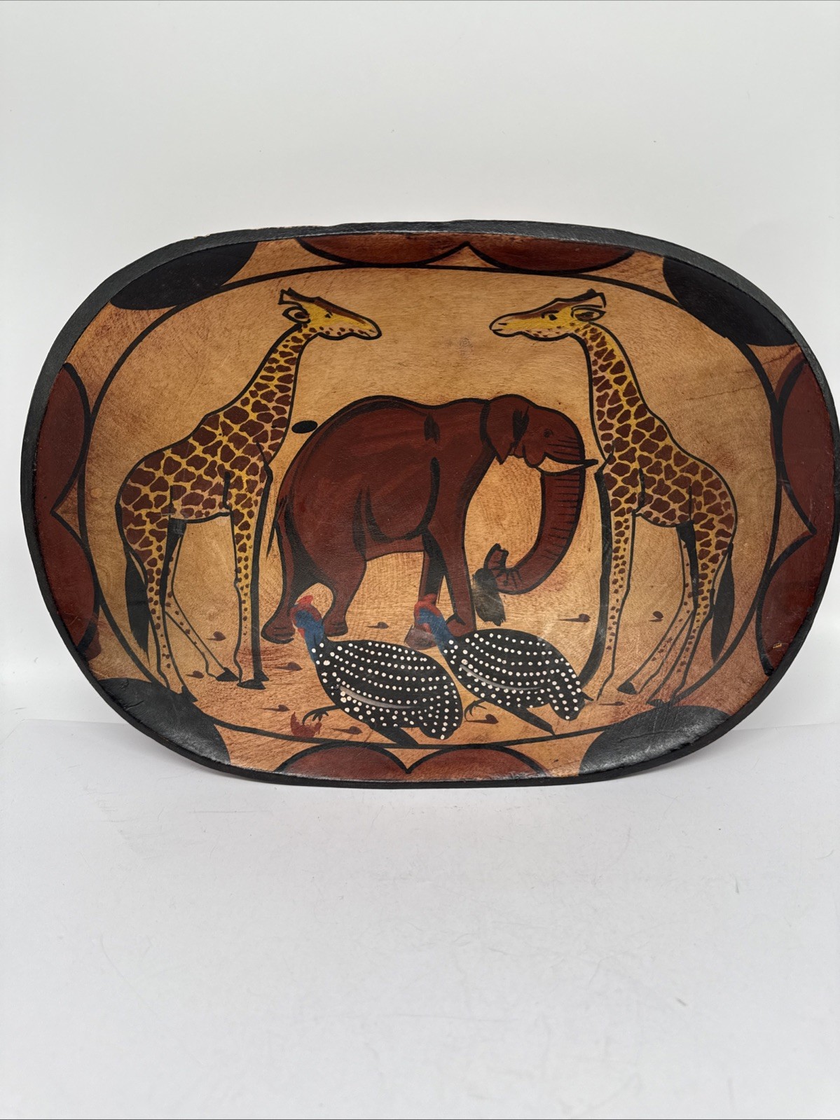 Vintage Hand-Carved African Safari Wood Bowl - Giraffe & Elephant, Mozambique Vintage Hand-Carved African Safari Wood Bowl - Giraffe & Elephant, Mozambique