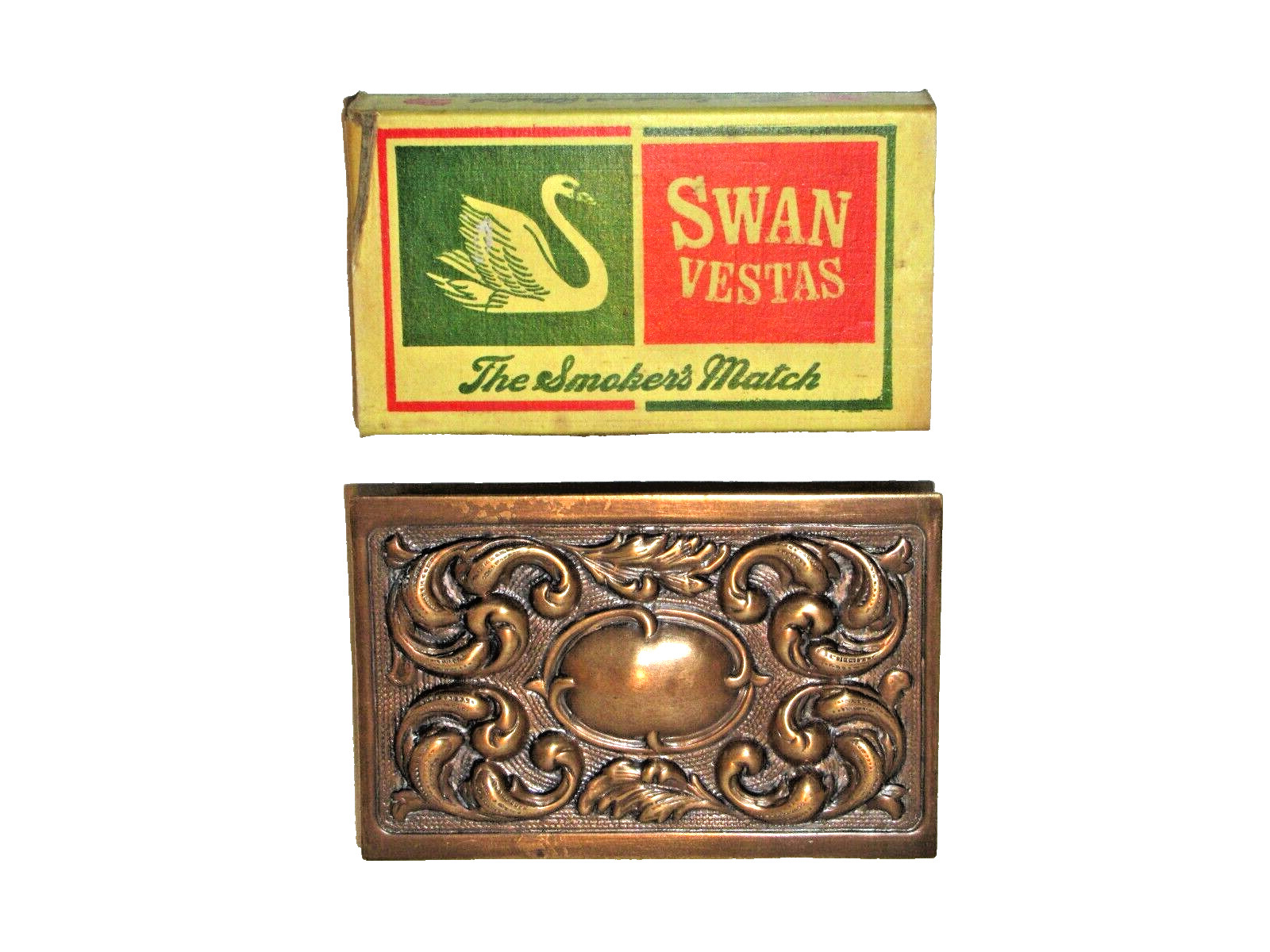 Vintage Repousse Copper Finish Match Vesta Box Case Original Swan Matches