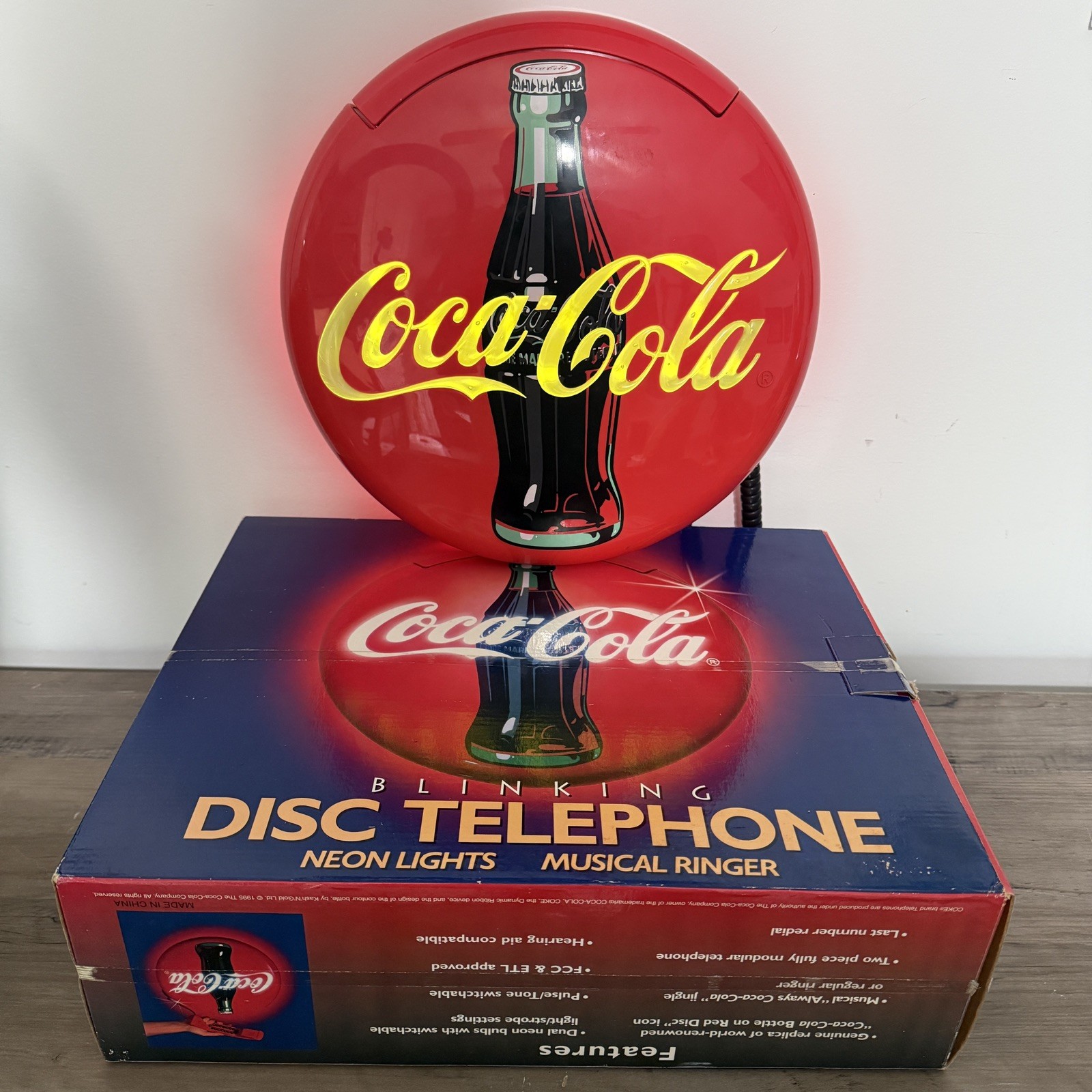 Vintage 1995 Coca Cola Coke 12" Round Red Button Sign Telephone Phone with Box