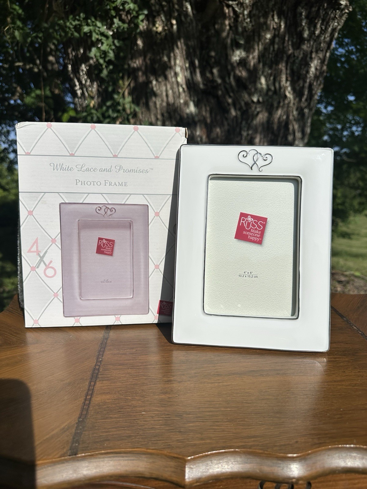 Russ White Lace & Promises 4x6 Wedding Photo Frame White Silver Hearts NIB Gift Russ White Lace & Promises 4x6 Wedding Photo Frame White Silver Hearts NIB Gift